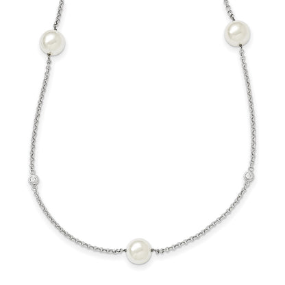 Sterling Silver Majestik Rh-Pl 10-11mm Wht Imitat. Shell Pearl & Cz Necklac