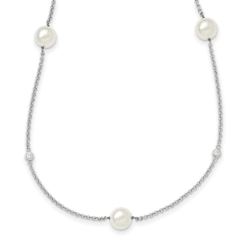 Sterling Silver Majestik Rh-Pl 10-11mm Wht Imitat. Shell Pearl & Cz Necklac