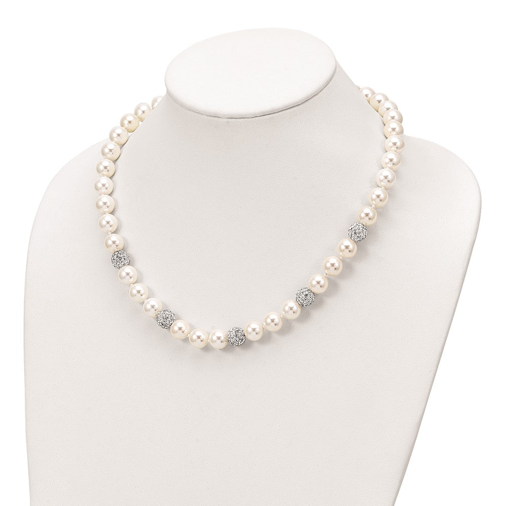Sterling Silver Majestik Rhodium-Plated 10-11mm White Imitation Shell Pearl Crystal Hand-Knotted Necklace