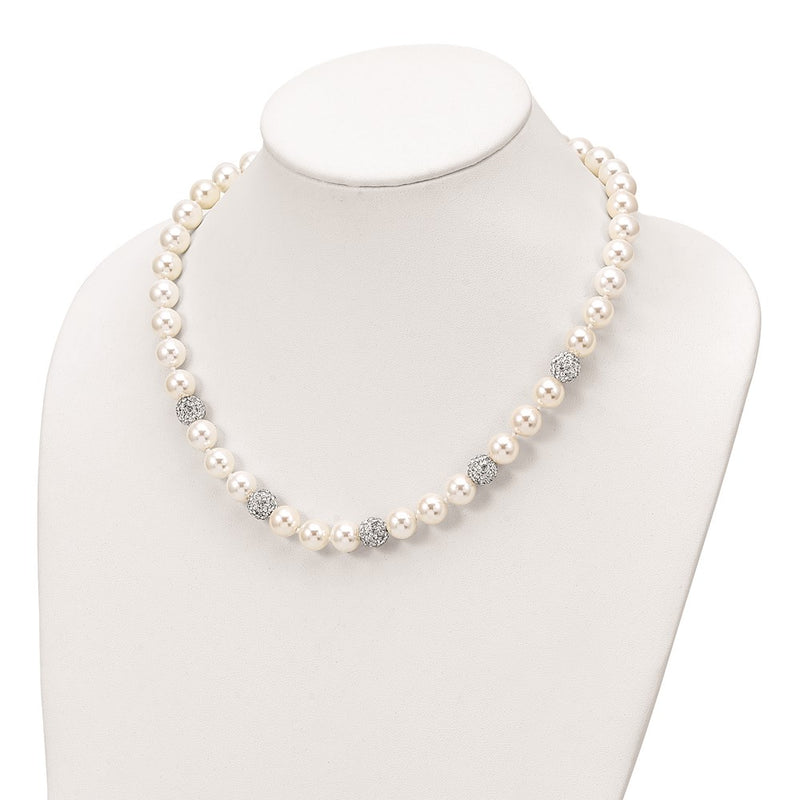 Sterling Silver Majestik Rhodium-Plated 10-11mm White Imitation Shell Pearl Crystal Hand-Knotted Necklace