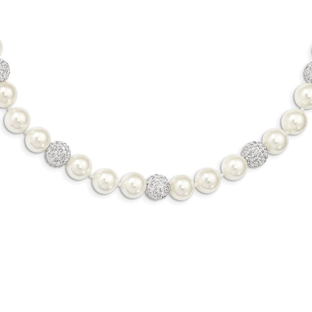 Sterling Silver Majestik Rhodium-Plated 10-11mm White Imitation Shell Pearl Crystal Hand-Knotted Necklace