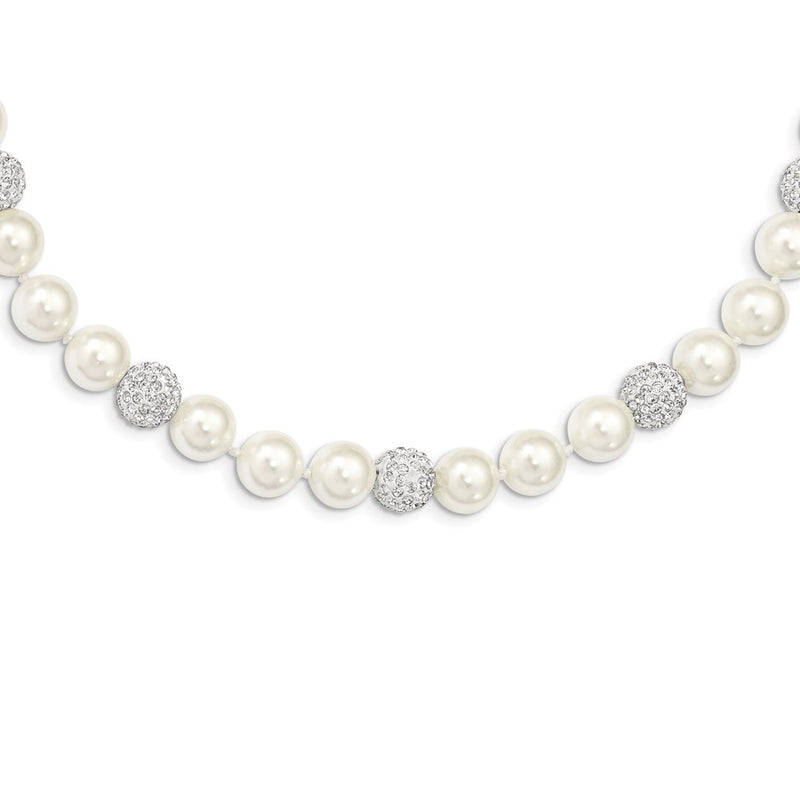 Sterling Silver Majestik Rhodium-Plated 10-11mm White Imitation Shell Pearl Crystal Hand-Knotted Necklace