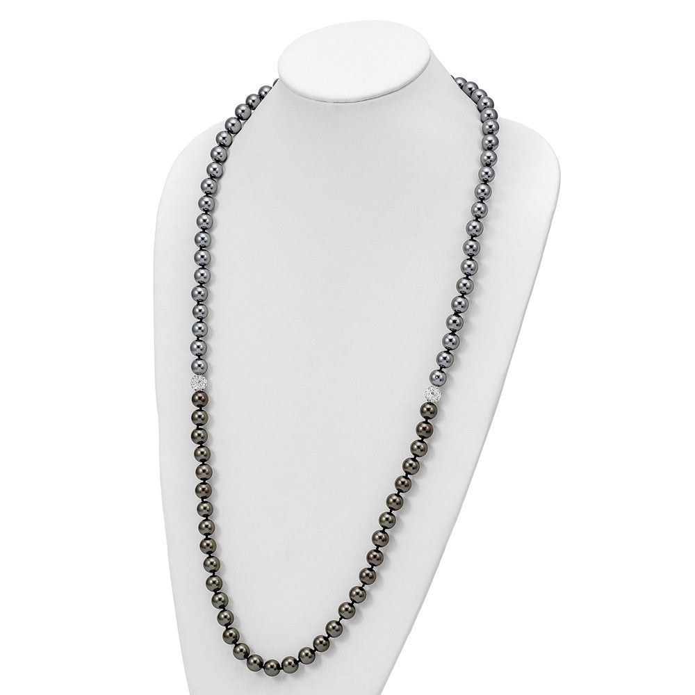 Fashion Majestik 10-11mm Black Grey Imitation Shell Pearl Crystal Slip-On Hand-Knotted Necklace