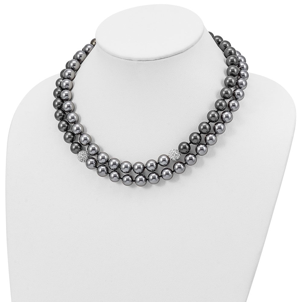 Fashion Majestik 10-11mm Black Grey Imitation Shell Pearl Crystal Slip-On Hand-Knotted Necklace