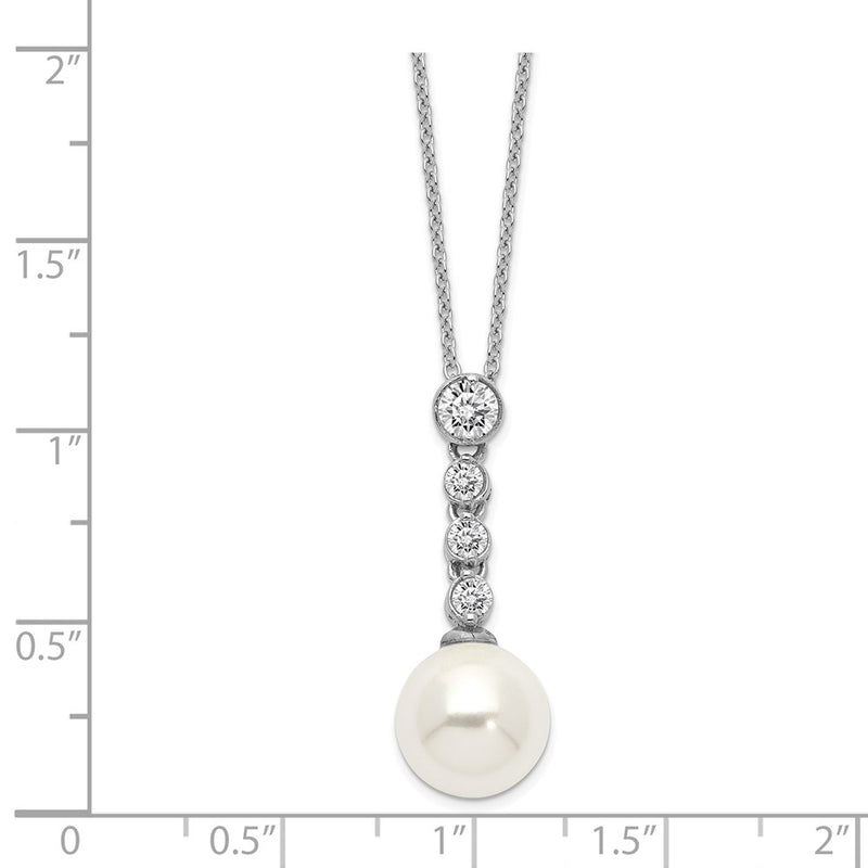 Sterling Silver Majestik Rhodium-Plated 10-11mm Imitation Shell Pearl Cz Spring Ring Clasp 17 Inch Necklace