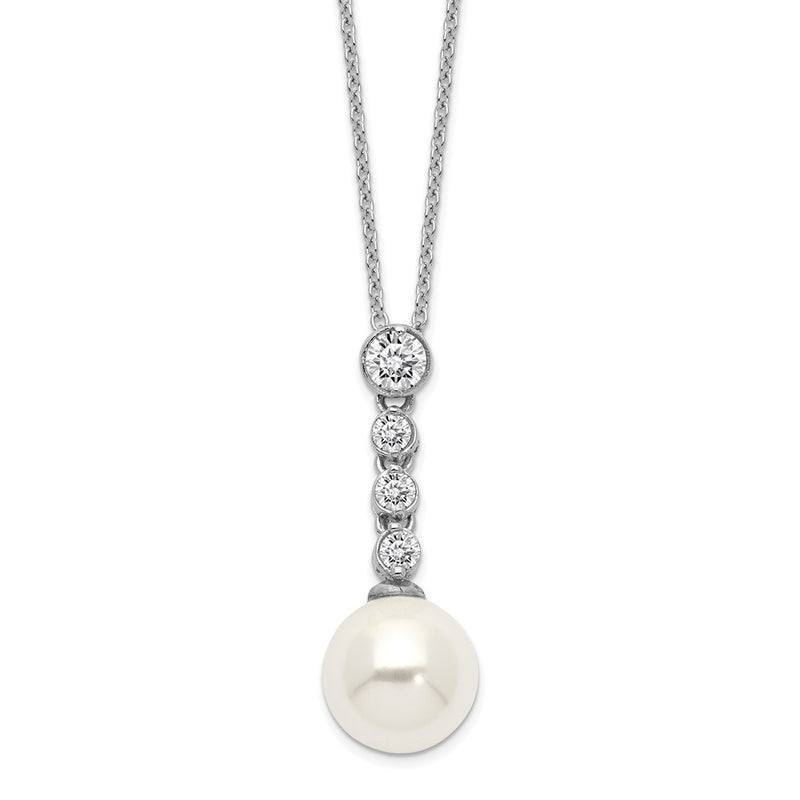 Sterling Silver Majestik Rhodium-Plated 10-11mm Imitation Shell Pearl Cz Spring Ring Clasp 17 Inch Necklace