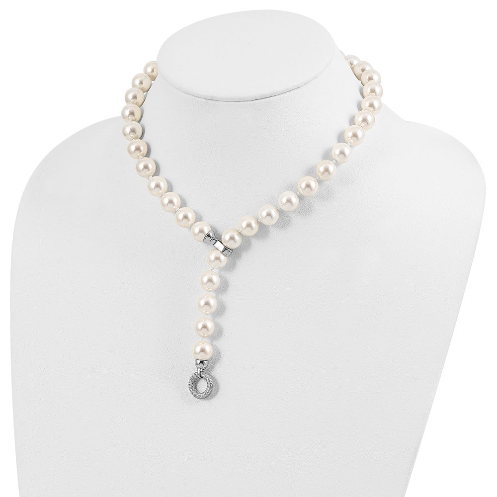 Sterling Silver Majestik Rhodium-Plated 12-13 White Imitation Shell Pearl Hand-Knotted Cz Fancy Clasp Necklace