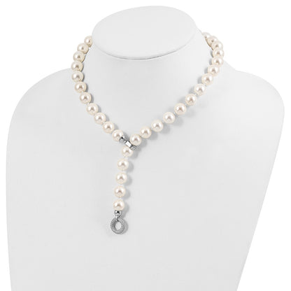 Sterling Silver Majestik Rhodium-Plated 12-13 White Imitation Shell Pearl Hand-Knotted Cz Fancy Clasp Necklace