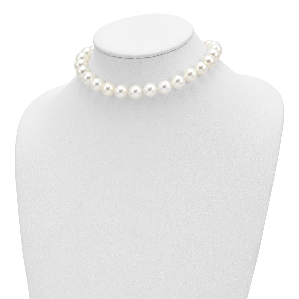 Sterling Silver Majestik Rhodium-Plated 12-13 White Imitation Shell Pearl Hand-Knotted Cz Fancy Clasp Necklace