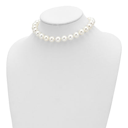 Sterling Silver Majestik Rhodium-Plated 12-13 White Imitation Shell Pearl Hand-Knotted Cz Fancy Clasp Necklace