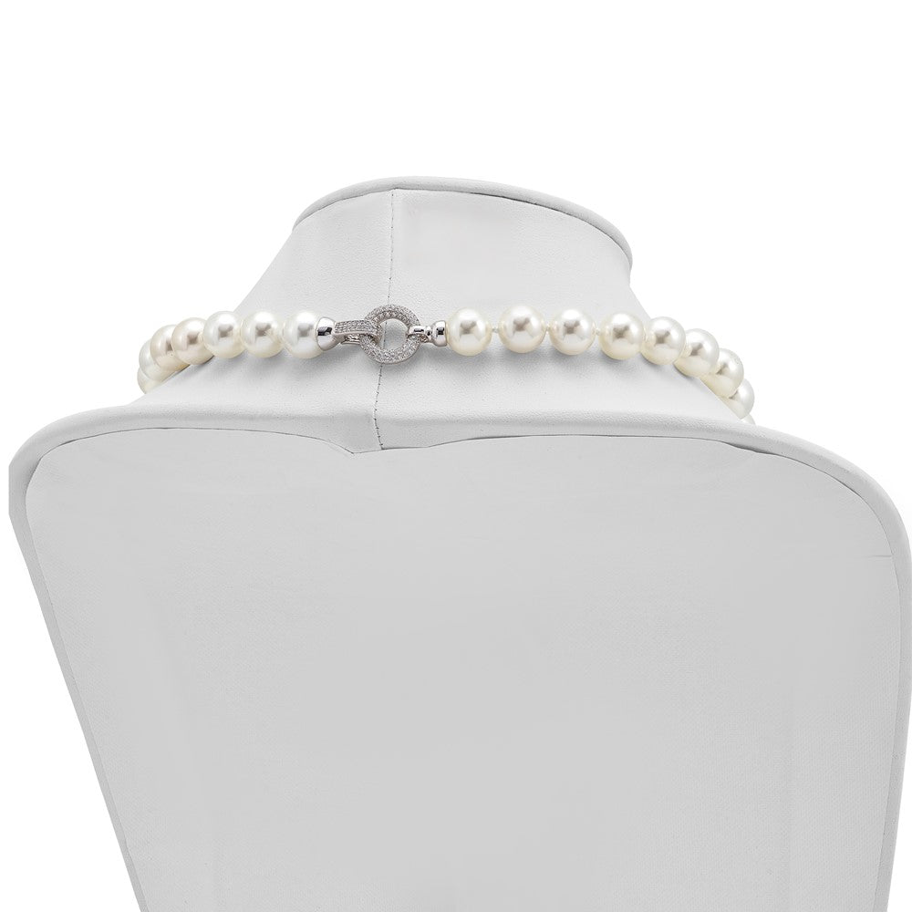 Sterling Silver Majestik Rhodium-Plated 12-13 White Imitation Shell Pearl Hand-Knotted Cz Fancy Clasp Necklace
