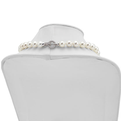 Sterling Silver Majestik Rhodium-Plated 12-13 White Imitation Shell Pearl Hand-Knotted Cz Fancy Clasp Necklace