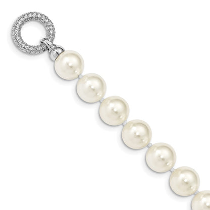 Sterling Silver Majestik Rhodium-Plated 12-13 White Imitation Shell Pearl Hand-Knotted Cz Fancy Clasp Necklace