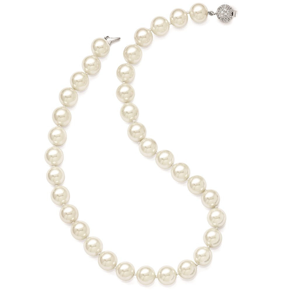 Sterling Silver S Majestik Rh-Pl 12-13mm Wht Imitat Shell Pearl W/Cz Clasp Necklac