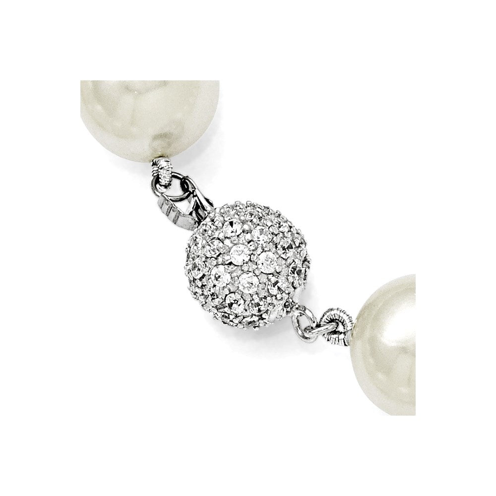 Sterling Silver S Majestik Rh-Pl 12-13mm Wht Imitat Shell Pearl W/Cz Clasp Necklac