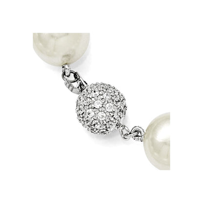 Sterling Silver S Majestik Rh-Pl 12-13mm Wht Imitat Shell Pearl W/Cz Clasp Necklac