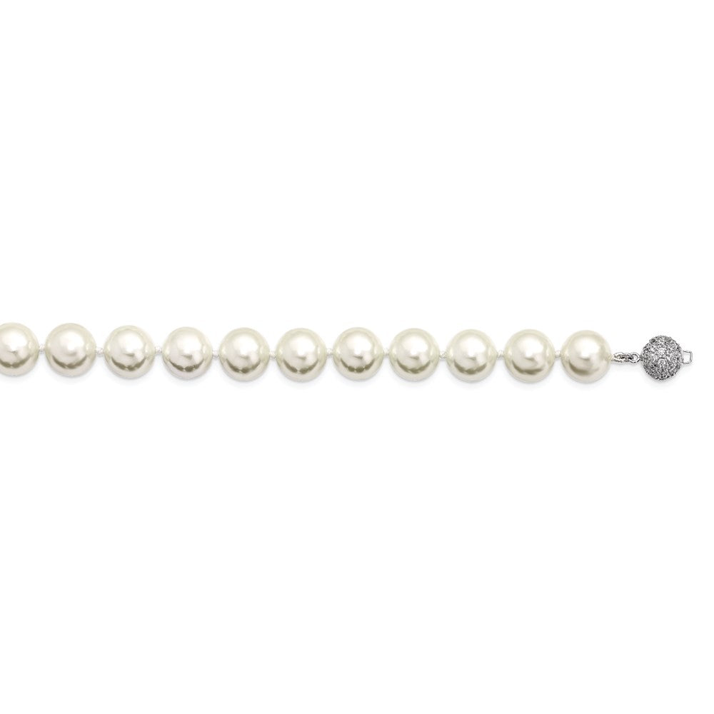 Sterling Silver S Majestik Rh-Pl 12-13mm Wht Imitat Shell Pearl W/Cz Clasp Necklac