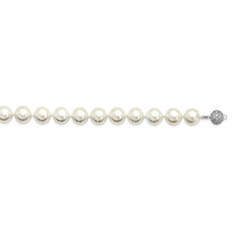 Sterling Silver S Majestik Rh-Pl 12-13mm Wht Imitat Shell Pearl W/Cz Clasp Necklac