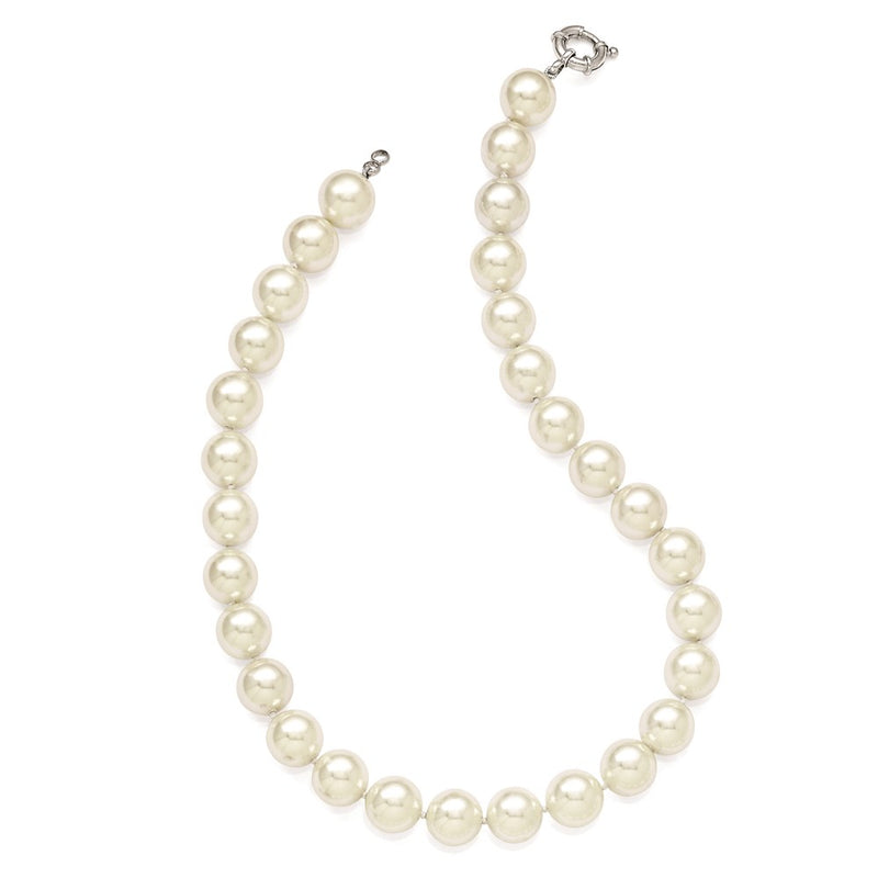 Sterling Silver Majestik Rhodium-Plated 14-15mm White Imitation Shell Pearl Hand-Knotted Necklace