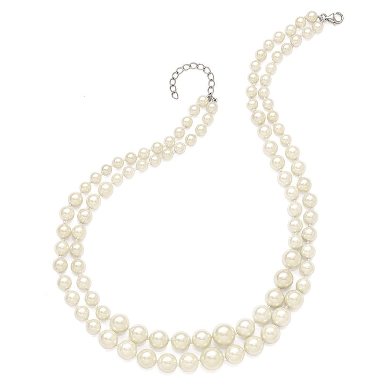 Sterling Silver Majestik Rhodium-Plated 2 Row 6-12mm Graduated White Imitation Shell Pearl Hand-Knotted Necklace With Inch Extender
