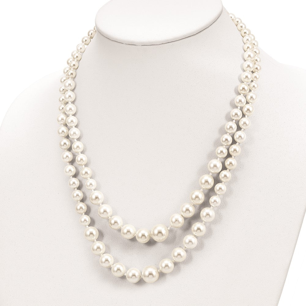 Sterling Silver Majestik Rhodium-Plated 2 Row 6-12mm Graduated White Imitation Shell Pearl Hand-Knotted Necklace With Inch Extender