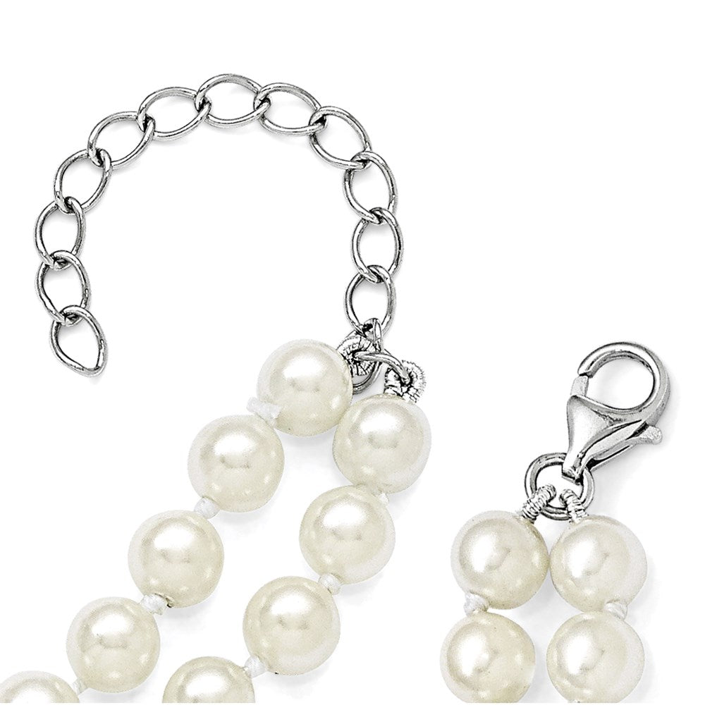 Sterling Silver Majestik Rhodium-Plated 2 Row 6-12mm Graduated White Imitation Shell Pearl Hand-Knotted Necklace With Inch Extender