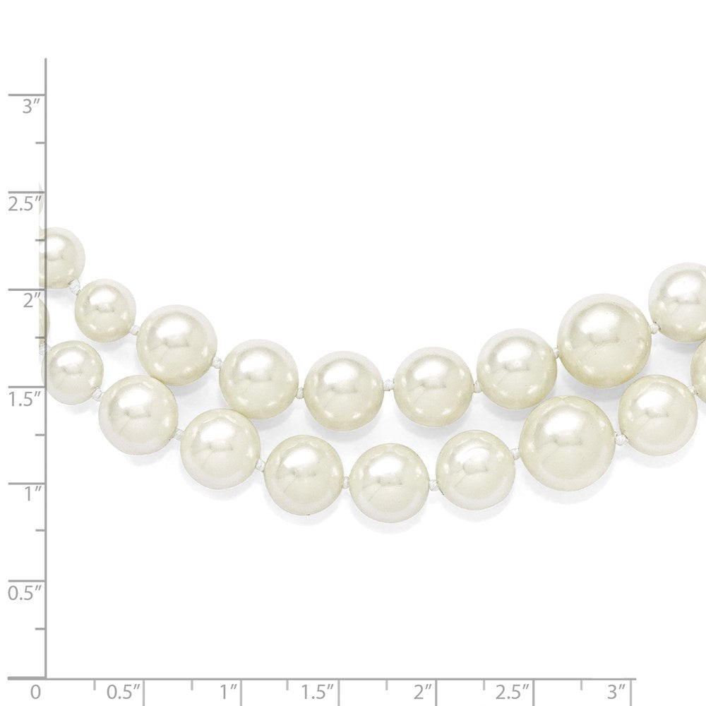 Sterling Silver Majestik Rhodium-Plated 2 Row 6-12mm Graduated White Imitation Shell Pearl Hand-Knotted Necklace With Inch Extender