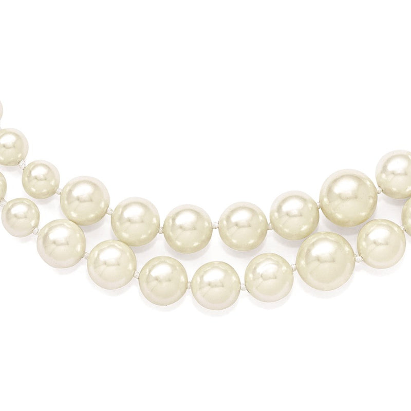 Sterling Silver Majestik Rhodium-Plated 2 Row 6-12mm Graduated White Imitation Shell Pearl Hand-Knotted Necklace With Inch Extender