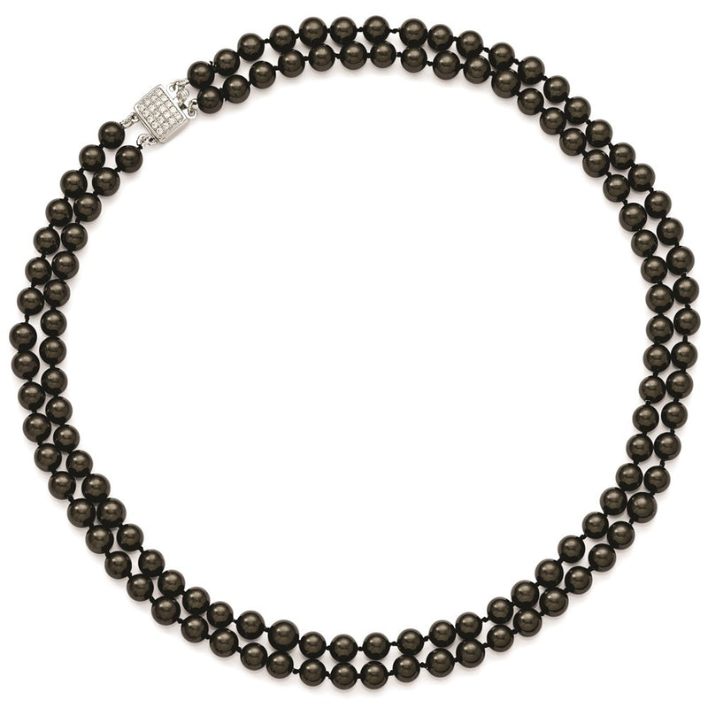 Sterling Silver Majestik Rhodium-Plated 2 Row 7-8mm Black Imitation Shell Pearl Hand-Knotted Necklace