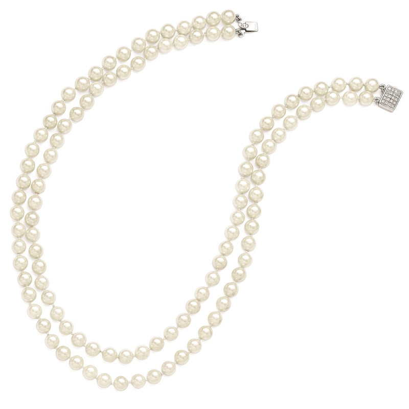 Sterling Silver Majestik Rhodium-Plated 2 Row 7-8mm White Imitation Shell Pearl Hand-Knotted Necklace
