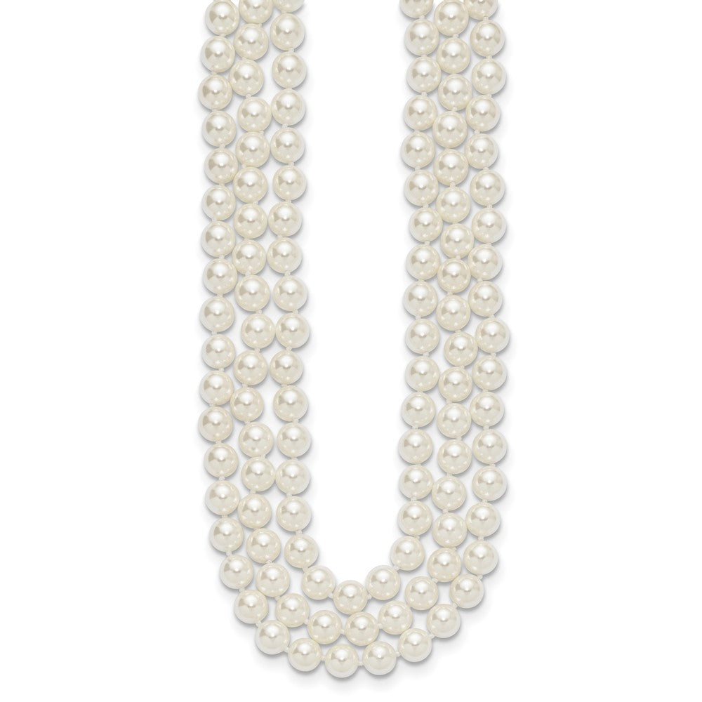 Sterling Silver Majestik Rhodium-Plated 3 Row 10-11mm White Imitation Shell Pearl Hand-Knotted Necklace