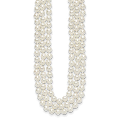 Sterling Silver Majestik Rhodium-Plated 3 Row 10-11mm White Imitation Shell Pearl Hand-Knotted Necklace