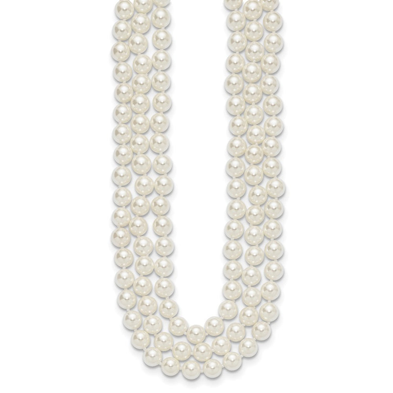 Sterling Silver Majestik Rhodium-Plated 3 Row 10-11mm White Imitation Shell Pearl Hand-Knotted Necklace