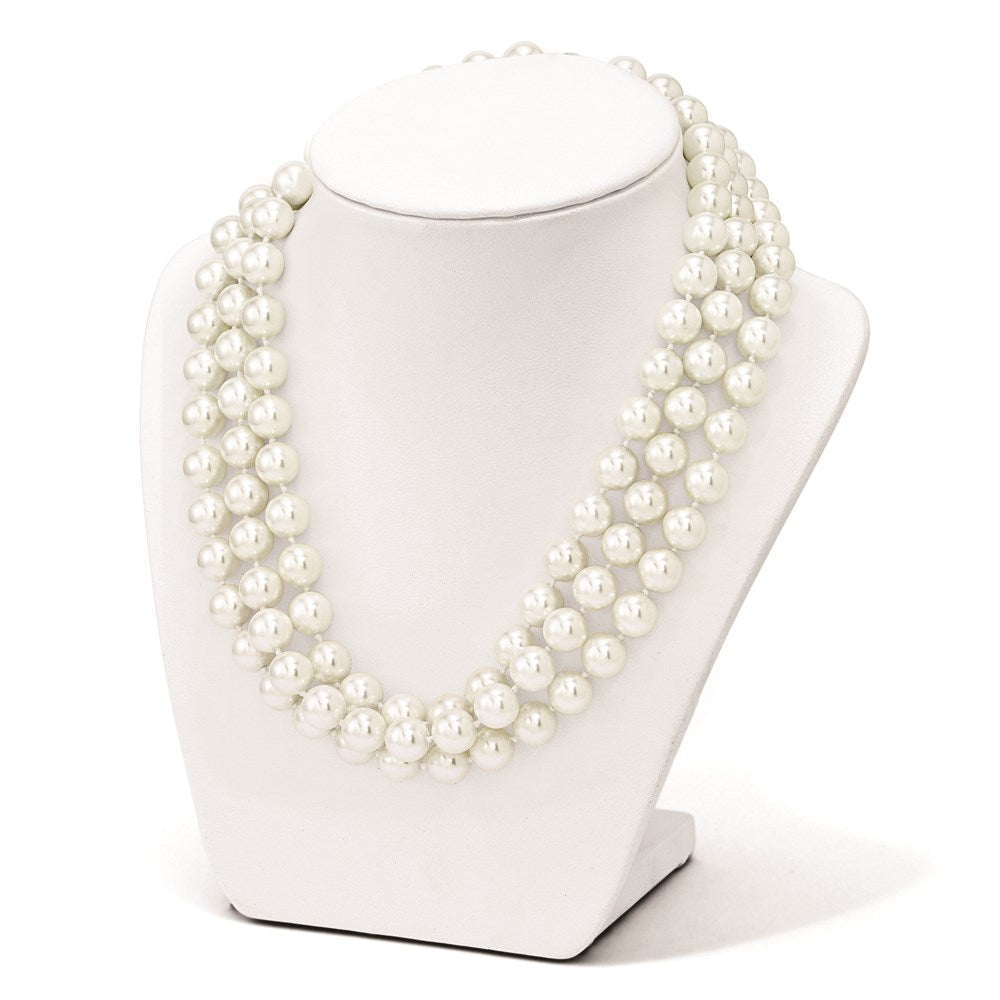 Sterling Silver Majestik Rhodium-Plated 3 Row 10-11mm White Imitation Shell Pearl Hand-Knotted Necklace