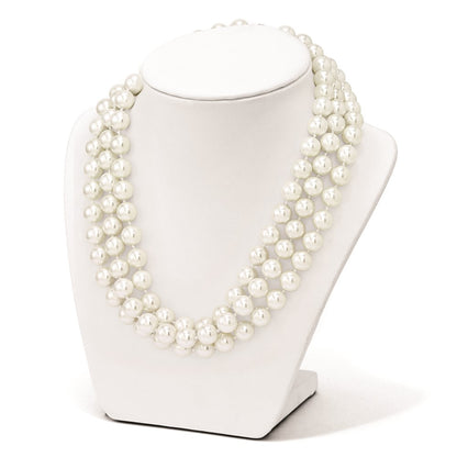 Sterling Silver Majestik Rhodium-Plated 3 Row 10-11mm White Imitation Shell Pearl Hand-Knotted Necklace