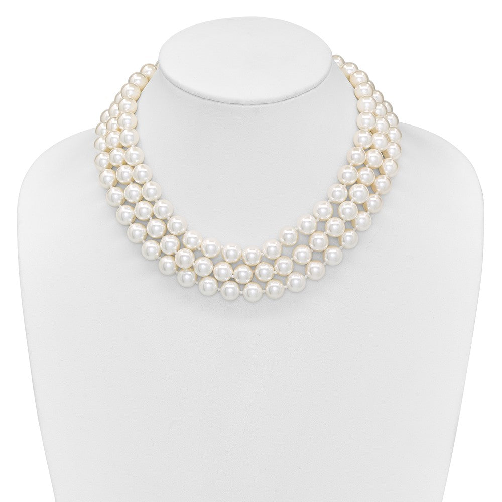 Sterling Silver Majestik Rhodium-Plated 3 Row 10-11mm White Imitation Shell Pearl Hand-Knotted Necklace