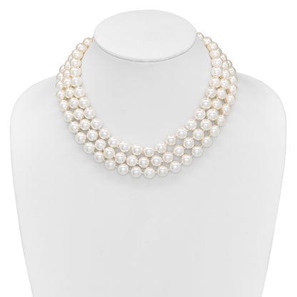 Sterling Silver Majestik Rhodium-Plated 3 Row 10-11mm White Imitation Shell Pearl Hand-Knotted Necklace