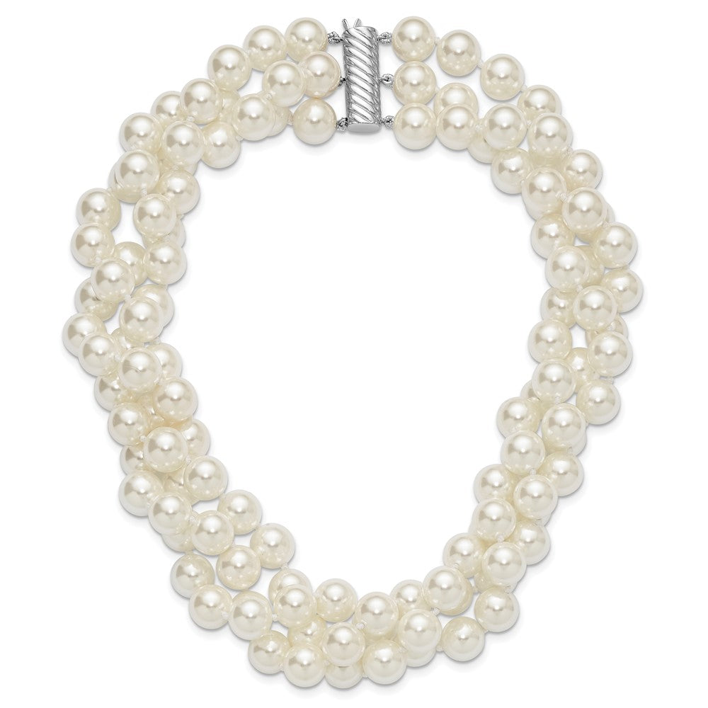 Sterling Silver Majestik Rhodium-Plated 3 Row 10-11mm White Imitation Shell Pearl Hand-Knotted Necklace