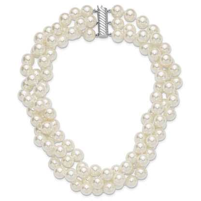 Sterling Silver Majestik Rhodium-Plated 3 Row 10-11mm White Imitation Shell Pearl Hand-Knotted Necklace