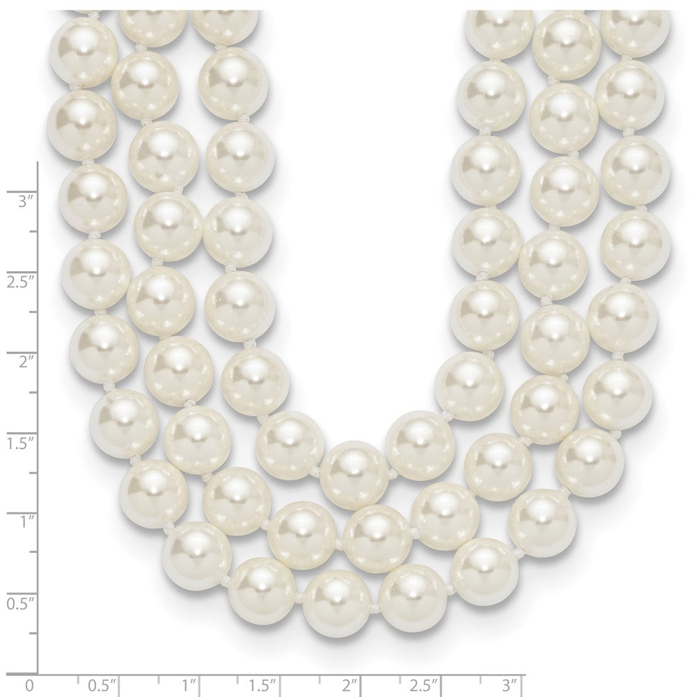 Sterling Silver Majestik Rhodium-Plated 3 Row 10-11mm White Imitation Shell Pearl Hand-Knotted Necklace