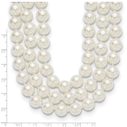 Sterling Silver Majestik Rhodium-Plated 3 Row 10-11mm White Imitation Shell Pearl Hand-Knotted Necklace