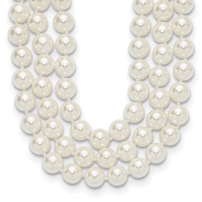 Sterling Silver Majestik Rhodium-Plated 3 Row 10-11mm White Imitation Shell Pearl Hand-Knotted Necklace