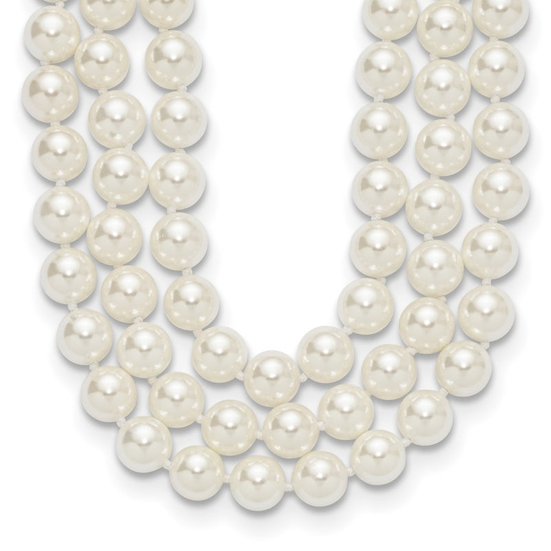 Sterling Silver Majestik Rhodium-Plated 3 Row 10-11mm White Imitation Shell Pearl Hand-Knotted Necklace