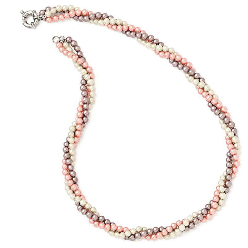 Sterling Silver Majestik Rhodium-Plated 3 Row 4-5mm White Pink Purple Imitation Shell Pearl Hand-Knotted Necklace