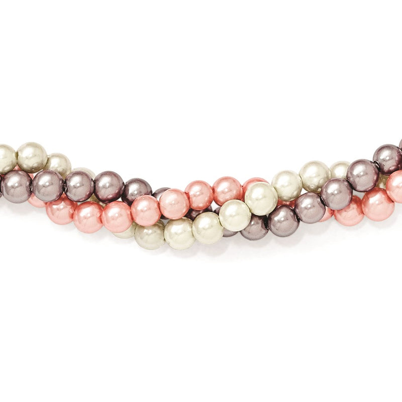Sterling Silver Majestik Rhodium-Plated 3 Row 4-5mm White Pink Purple Imitation Shell Pearl Hand-Knotted Necklace