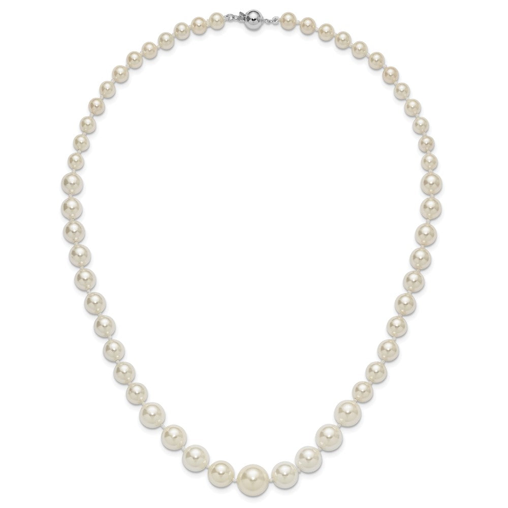 Sterling Silver Majestik Rhodium-Plated 6-12mm Graduated White Imitation Shell Pearl Hand-Knotted Necklace