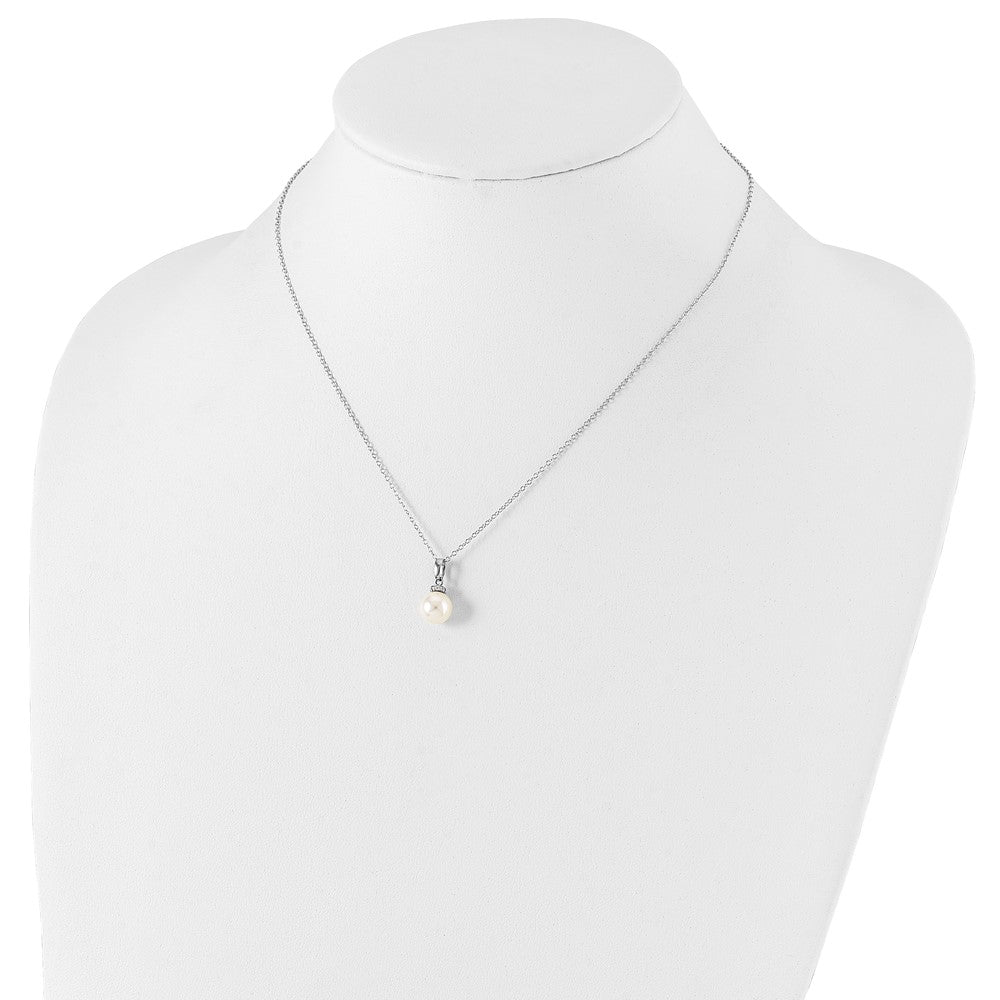 Sterling Silver Majestik Rhodium-Plated 8-9mm White Imitation Shell Pearl Cz Spring Ring Clasp 17 Inch Necklace