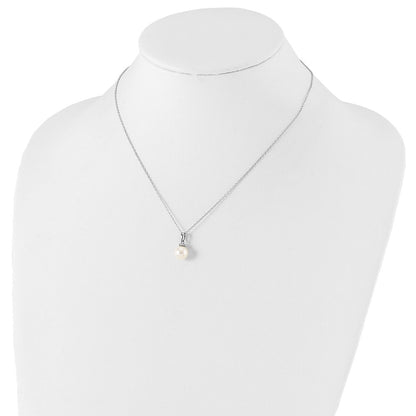 Sterling Silver Majestik Rhodium-Plated 8-9mm White Imitation Shell Pearl Cz Spring Ring Clasp 17 Inch Necklace