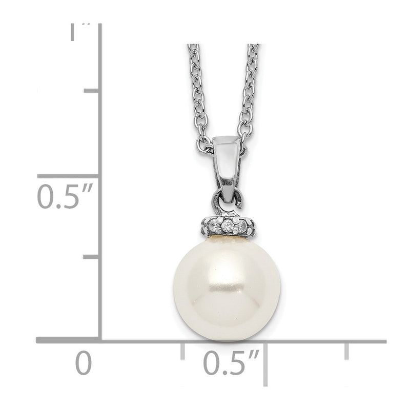 Sterling Silver Majestik Rhodium-Plated 8-9mm White Imitation Shell Pearl Cz Spring Ring Clasp 17 Inch Necklace