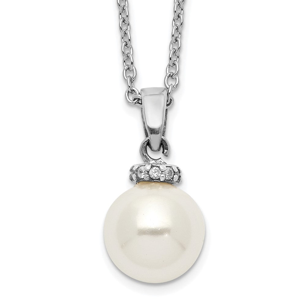 Sterling Silver Majestik Rhodium-Plated 8-9mm White Imitation Shell Pearl Cz Spring Ring Clasp 17 Inch Necklace
